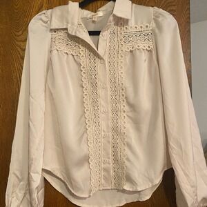 Peach Crochet Lace Satin Blouse Womens Medium Cream NEW Victorian Romantic Top